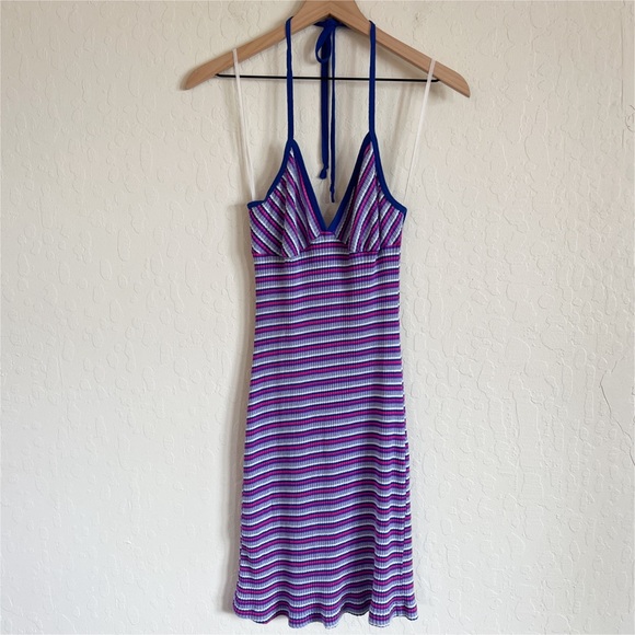 Vintage Y2K Xhilaration Halter Top Ribbed Babydoll Mini Dress Medium Blue Stripe - Picture 1 of 5